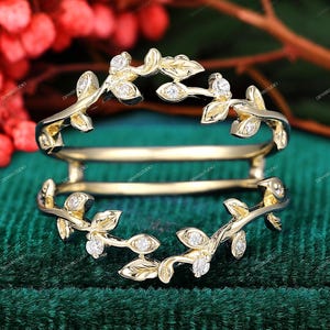 Unique Leaf Anniversary Gift Leaf Cluster Moissanite Diamond Promise Ring, Moissanite Wedding Ring, Vintage Gold Double Curved Enhancer Ring