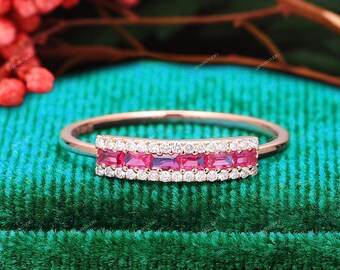 18k Gold Antique Ring, Unique Diamond Ring, Baguette Cut Natural Ruby Wedding Ring, Diamond Wedding Band, 14k Solid Gold Red Gemstone Ring