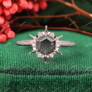 Unique Design Handmade Salt Pepper Diamond 6.5mm Hexagon Cut Black White Crystal Gemstone Ring For Women Herkimer Diamond Engagement Ring