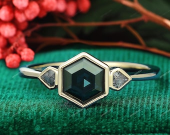 Bezel Set Hexagon Peacock Teal Sapphire Ring, S&P Diamond Accents