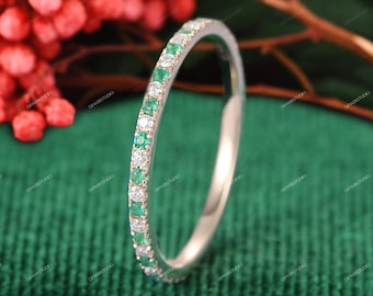 18k Gold Stackable Diamond Ring, Natural Emerald Wedding Band, Full Eternity Promise Ring, 14k Solid Gold Emerald Stacking Ring, Daily Ring
