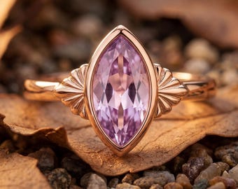 Marquise Lavender Amethyst Engagement Ring, Rose Gold Branch Promise Wedding Ring