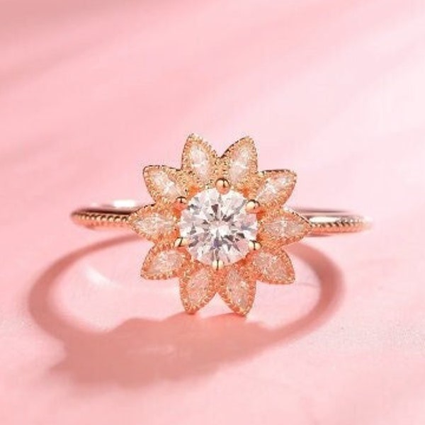 Sunflower Shaped Moissanite Ring, Floral Halo Diamond Engagement Ring, Mother's Day Gift, Moissanite Wedding Ring White Gold, Bridal Ring
