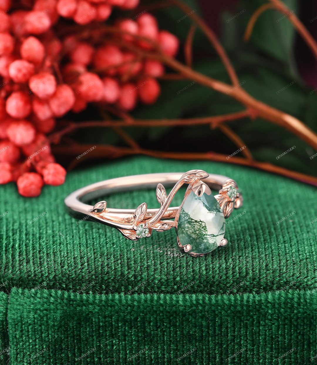 Moss Agate Engagement Ring IRROYA - 1.5CT Oval Cut 6x8mm Platinum