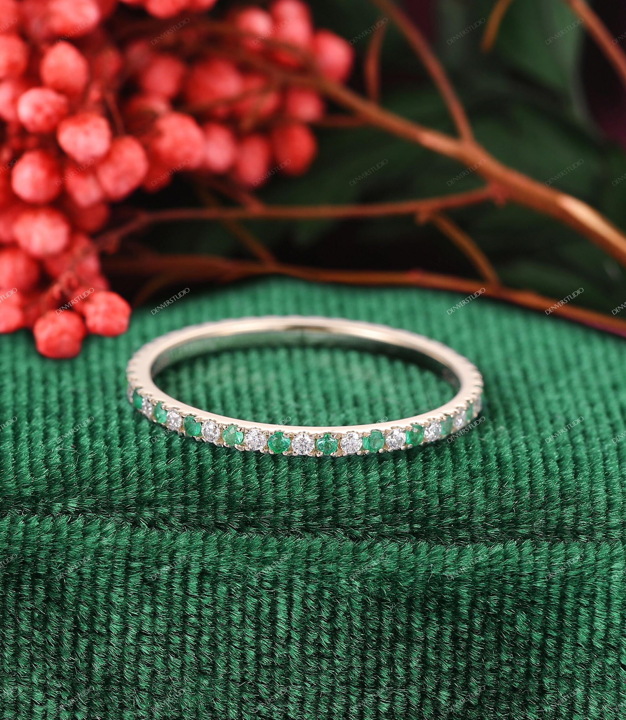 14k Solid Gold Emerald Diamond Ring, Eternity Wedding Band - Etsy