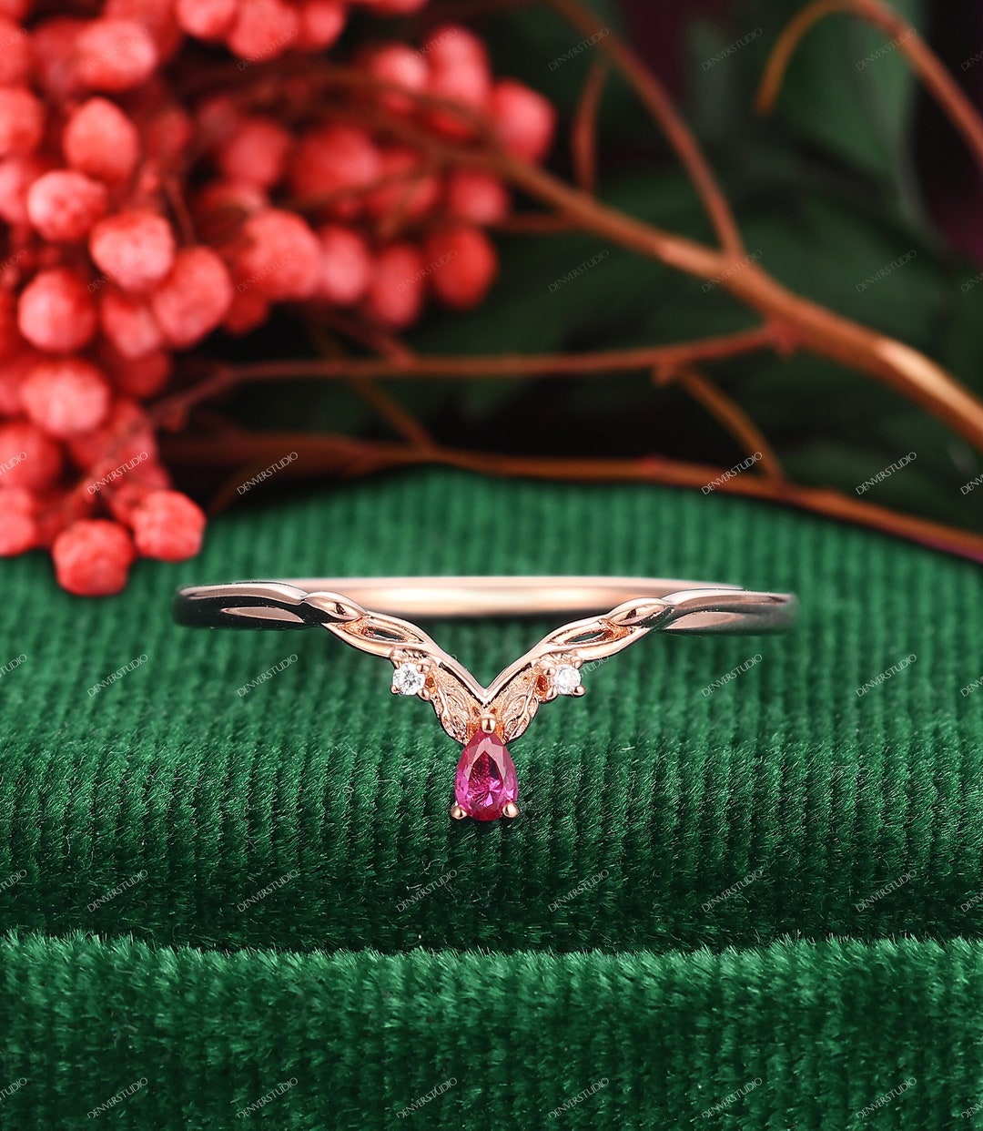 Christmas Gift, Vintage Pear Cut Red Ruby Ring Enhancer Solid Rose Gold ...