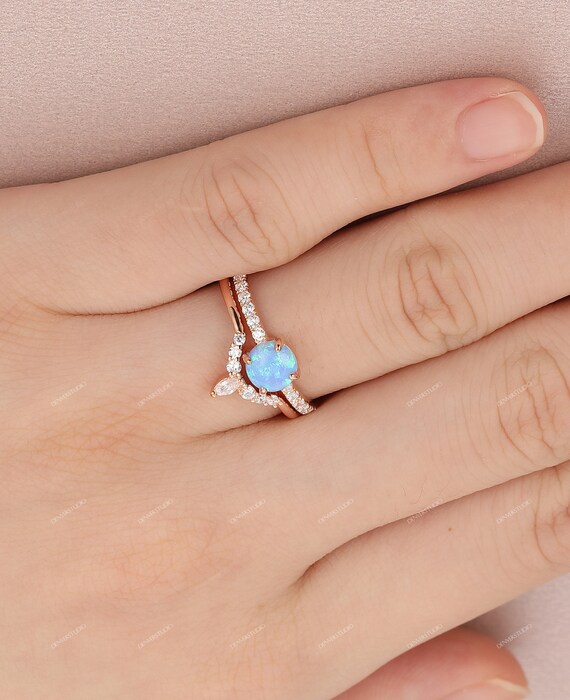 October Birthstone Blue Opal Wedding Set Blue Opal Gemstone