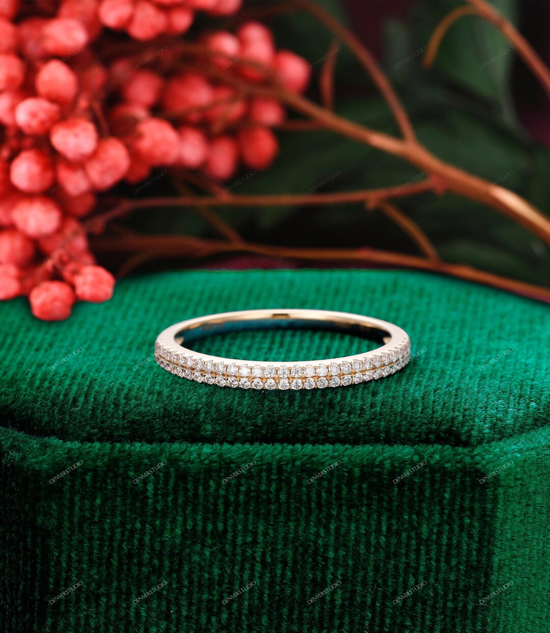 Two Row Pave Diamond Wedding Band, 14k Gold Half Eternity Ring - Etsy