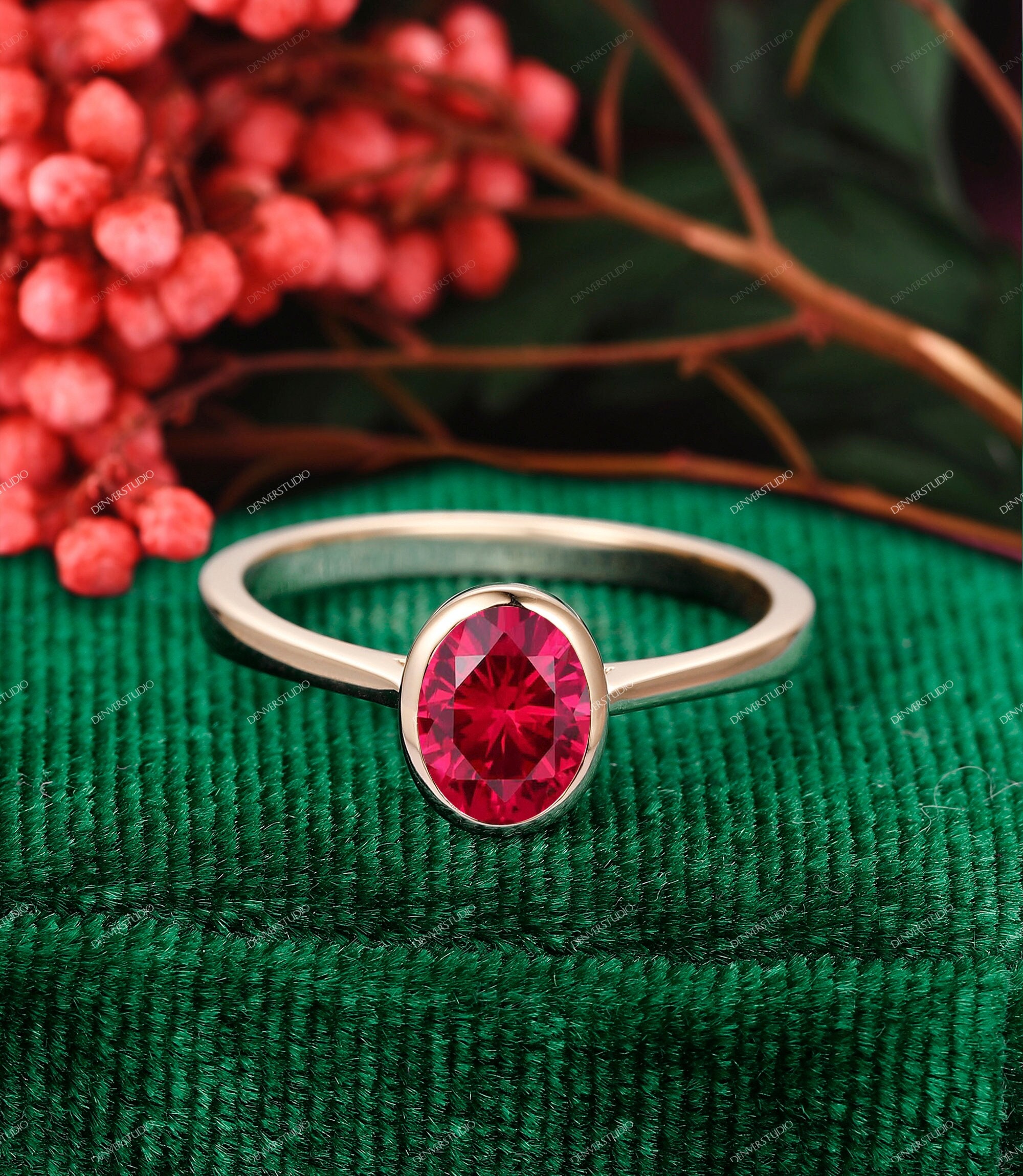 14K Gold Oval Cut Ruby Ring Gift for Mom Christmas Gift for Her, Bezel Set Solitaire 1.5CT Ruby Graduation Gift July Birthstone Event Ring