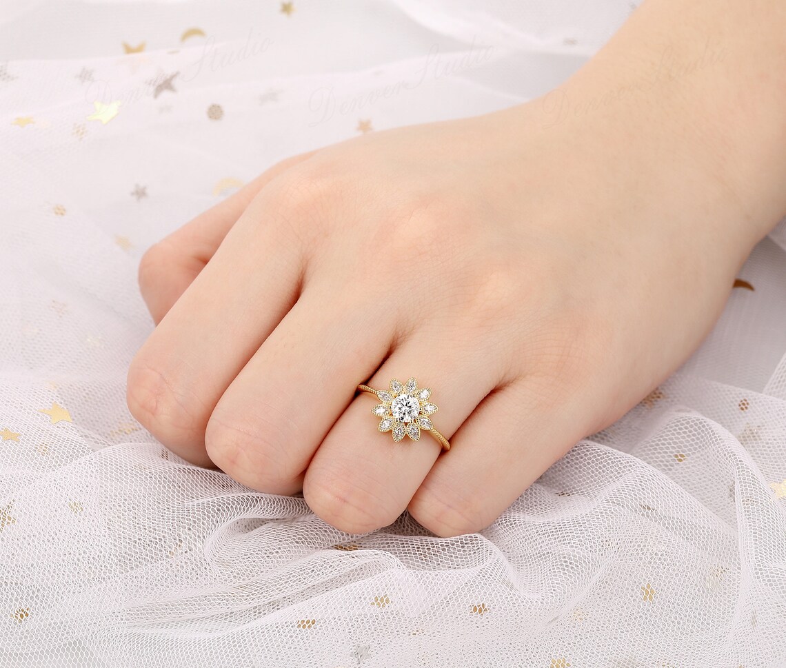Sunflower Shaped Moissanite Ring Floral Halo Diamond image 10