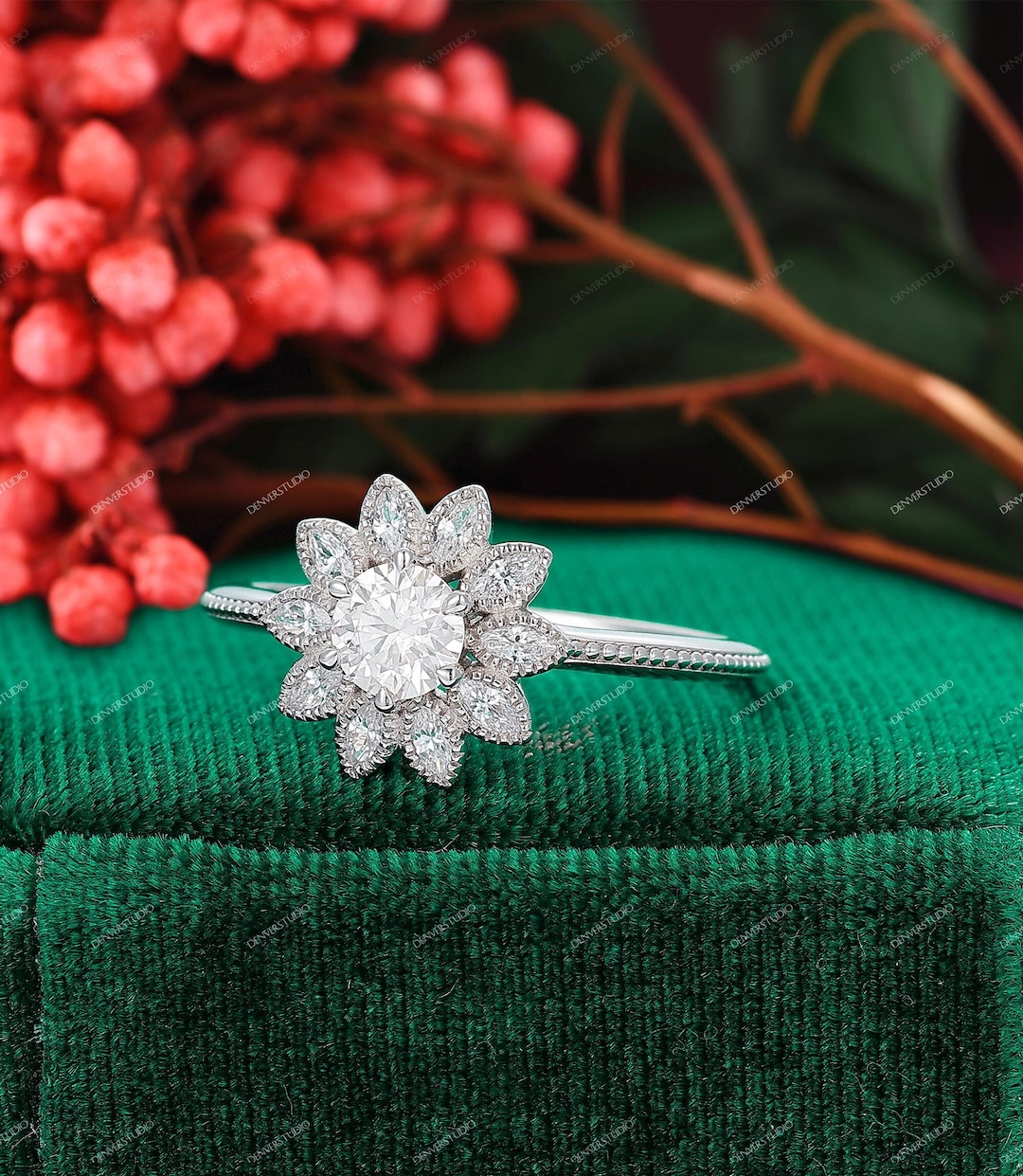 Sunflower Shaped Moissanite Ring, Floral Halo Diamond Engagement