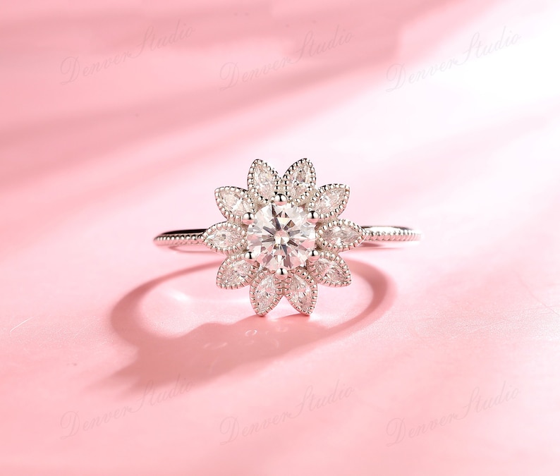 Sunflower Shaped Moissanite Ring Floral Halo Diamond image 0