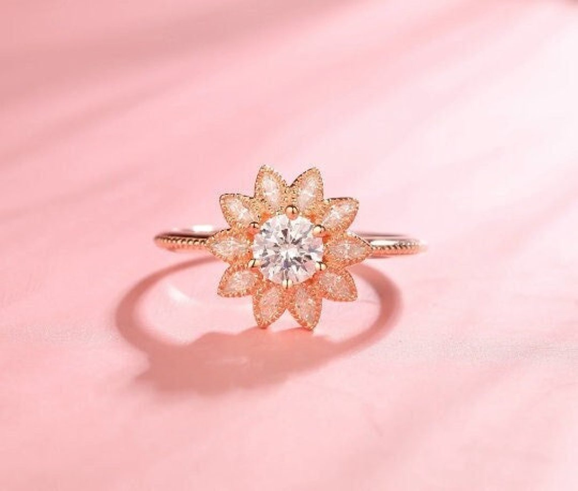 Sunflower Shaped Moissanite Ring Floral Halo Diamond image 1