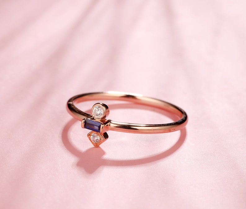 Baguette Cut Sapphire Wedding Ring in 14k or 18k Rose Gold Sapphire Engagement Ring Natural Gemstone Ring Blue Stone,September Birthstone
