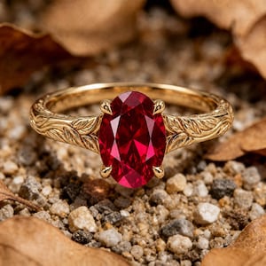 May include: A gold ring featuring a large, oval-cut, deep red gemstone held by four prongs. The band is crafted from yellow gold and displays an intricate, raised relief pattern of leaves and vines extending from the central setting.