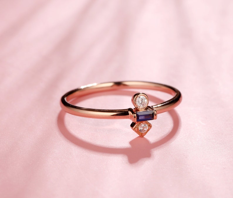 Baguette Cut Sapphire Wedding Ring in 14k or 18k Rose Gold Sapphire Engagement Ring Natural Gemstone Ring Blue Stone,September Birthstone