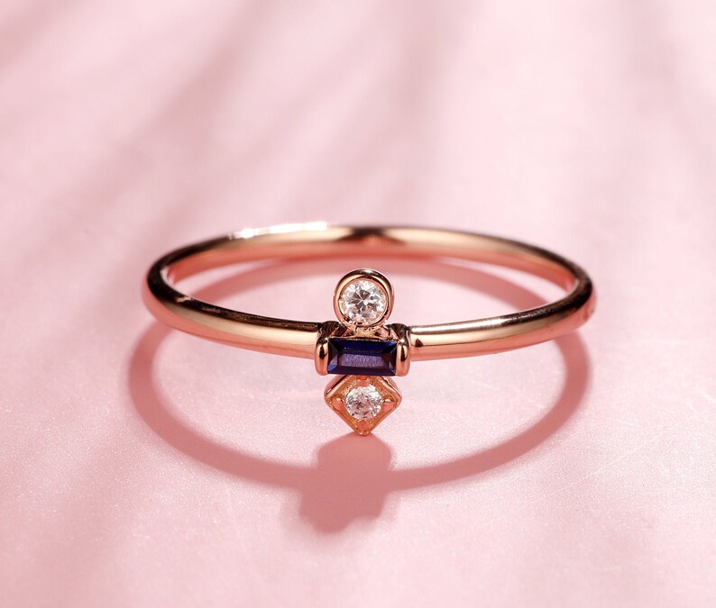 Baguette Cut Sapphire Wedding Ring in 14k or 18k Rose Gold Sapphire Engagement Ring Natural Gemstone Ring Blue Stone,September Birthstone