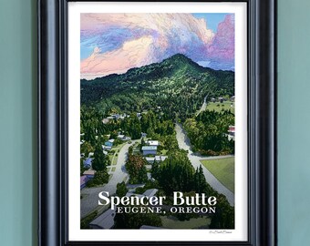 Puede incluir: Una impresión enmarcada de una ilustración de estilo vintage de Spencer Butte en Eugene, Oregón. La ilustración muestra una vista de la colina desde arriba, con casas y caminos visibles debajo. El cielo es de un rosa y naranja vibrantes.