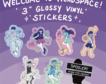 May include: Set of six 3-inch glossy vinyl stickers featuring colorful cartoon characters. The stickers are printed on a white background and have a glossy finish. The text "WELCOME TO HEADSPACE!" and "3" GLOSSY VINYL" is printed at the top of the image. The text "SPOILER! Swipe with caution!" is printed at the bottom of the image.