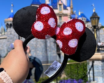 Bedazzled Minnie ears, Disney, Minnie ears,polka dot Minnie ears, polka dot, red rhinestone, cute, Mickey ears,rhinestone, diamond ears