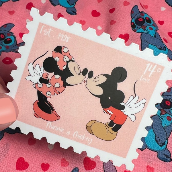 Minnie and Mickey, Disneyland, valentine, kiss, sticker, waterproof stickers, hydroflask, Disney, cute, Disney stuff, postage stamp,Minnie