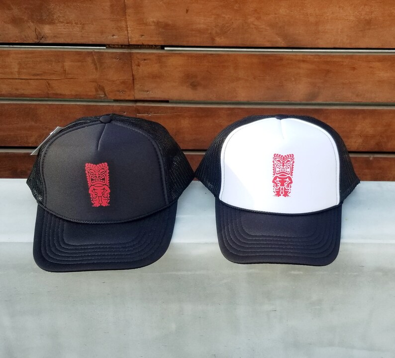 Light Gray or Black Trucker Hat Good Luck Red Tiki on Black /& White