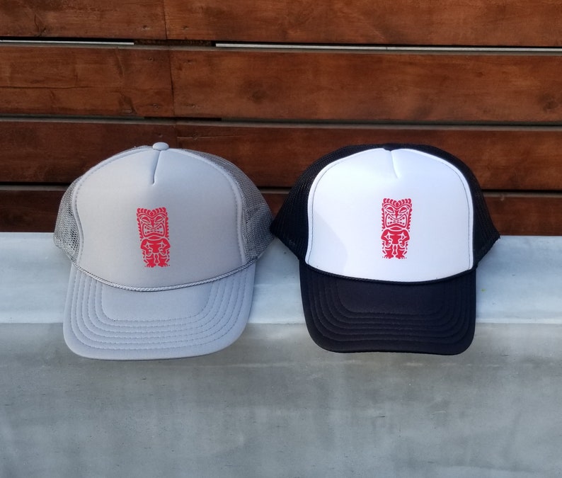 Light Gray or Black Trucker Hat Good Luck Red Tiki on Black /& White