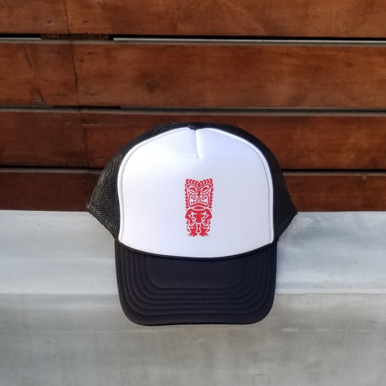 Light Gray or Black Trucker Hat Good Luck Red Tiki on Black /& White