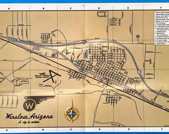 Folleto de atracciones turísticas de la ciudad de Winslow, Arizona. Mapa de calles. Decoración de pared.