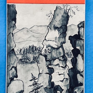 May include: A vintage travel brochure with the title "NATURAL CHIMNEYS" in bold white letters on an orange background. The brochure features a black and white illustration of rock formations and a list of nearby attractions.