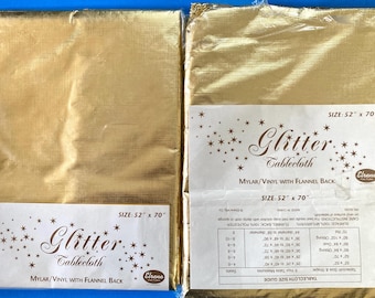 2 Elrene Mylar Vinyl Flannel Back Tablecloths Glitter Gold 52” x 70”