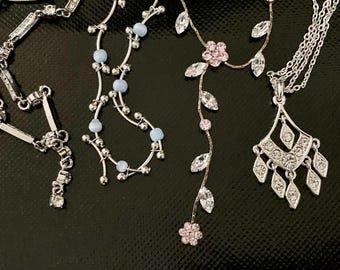 Glam Necklaces Silver Tone Choker Y Drop Pink Gem Flower Delicate Party Dance