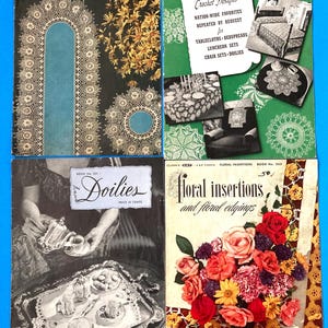 May include: Four vintage crochet pattern booklets. Titles include "Matching Sets," "Favorites," "Doilies," and "Floral Insertions." The covers feature crochet designs, floral arrangements, and images of crocheted items. The booklets are on a blue background.