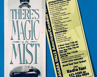 VTG Hay magia en la niebla. Folleto turístico y anuncio de atracciones de Maid of the Mist.
