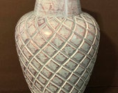 Vintage Decorative Ceramic Vase Aqua W Gold Sheen Overglaze Cross Hatch Pattern