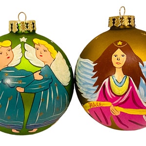 Pair Blown Glass Large Christmas Ornaments Hand Painted Angels Stars Peace