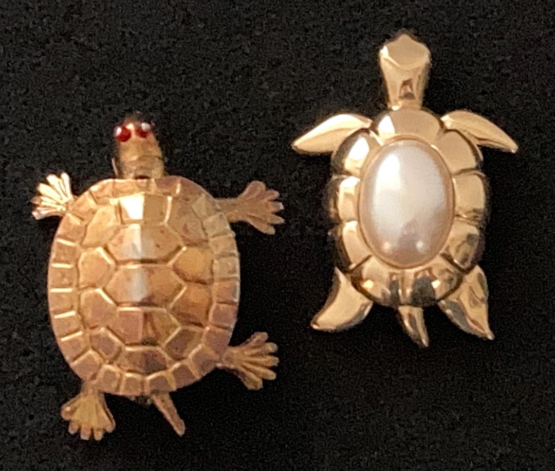 2 Vintage Turtle Pins Brooch Articulated Legs Red Gem Eyes Faux Pearl ...