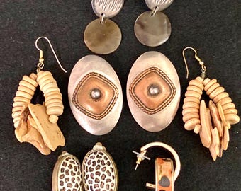 Boho Ethnic Tribal Earrings Vintage 5 Pairs Leopard Print Hoops Natural Material