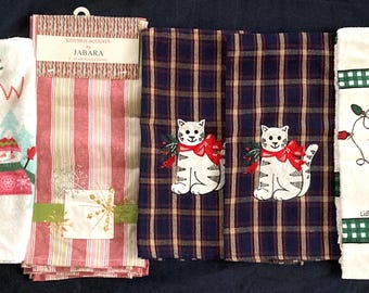 Lot de 5 serviettes de Noël à carreaux, chats, flocons de neige et bonhomme de neige, style vintage, neuves/d'occasion