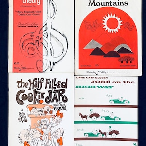 May include: Four vintage piano music books by David Carr Glover. Titles include Piano Theory Level Four, The Great Smoky Mountains, The Half Filled Cookie Jar, and José on the Highway. Each book features distinct cover illustrations and typography.