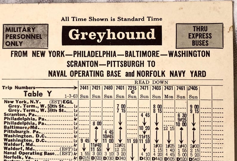 1963 Greyhound Bus Schedule Military Personnel Thru Express Buses NY