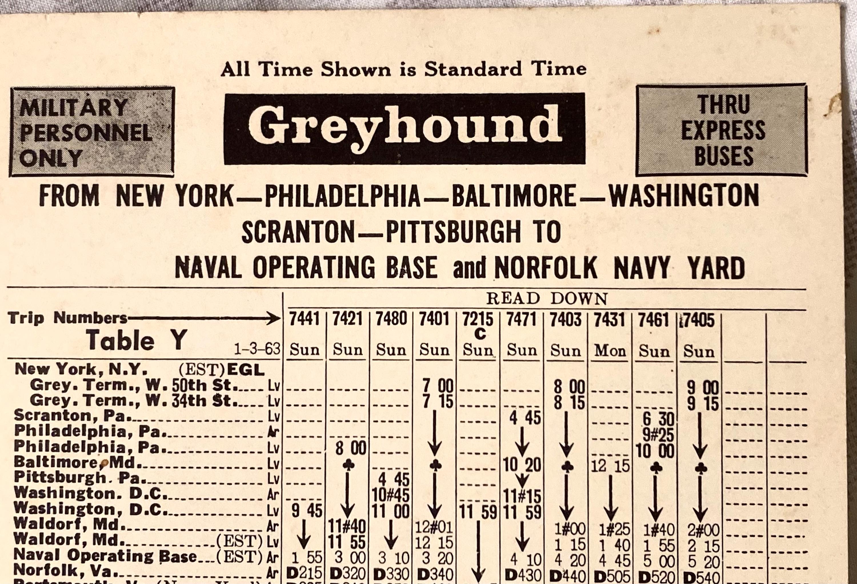 1963 Greyhound Bus Schedule Military Personnel Thru Express Buses NY