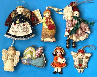 7 Vintage Ornaments Stuffed Fabric Folk Art Style Angels Girls Some Handmade
