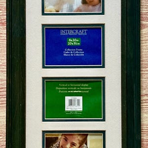 May include: A vertical collage picture frame with a dark green wooden border and an off-white mat. The frame holds four rectangular openings, two of which contain photographs of people and two contain product labels with the text 8x20in 20x51cm.