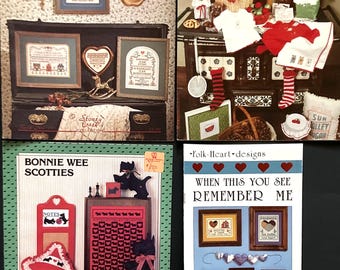 Vintage 1980s Cross Stitch Pattern Craft Books Folk Heart Christmas Scottie Dog