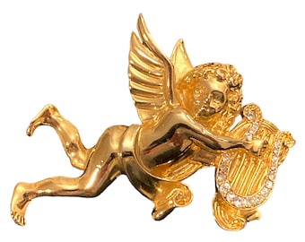 Vintage Angel Brooch Pin Gold Tone Angel Cherub Playing Harp Rhinestone Details