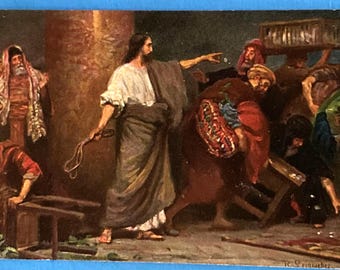 Carte postale ancienne ALLEMAGNE Saintes Écritures Rob Leinweber Art Expulsion du Temple