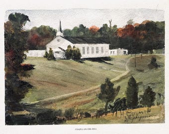 Grabado coloreado a mano firmado por el artista de la Capilla en la Colina, Serie Conmemorativa de Tennessee, NOS