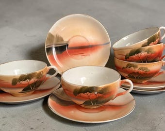 Ensemble de 5 tasses et soucoupes en porcelaine peintes à la main, style coucher de soleil, vintage Japon