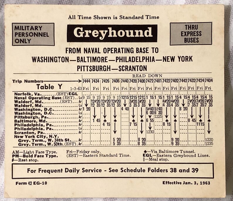 1963 Greyhound Bus Schedule Military Personnel Thru Express Buses NY